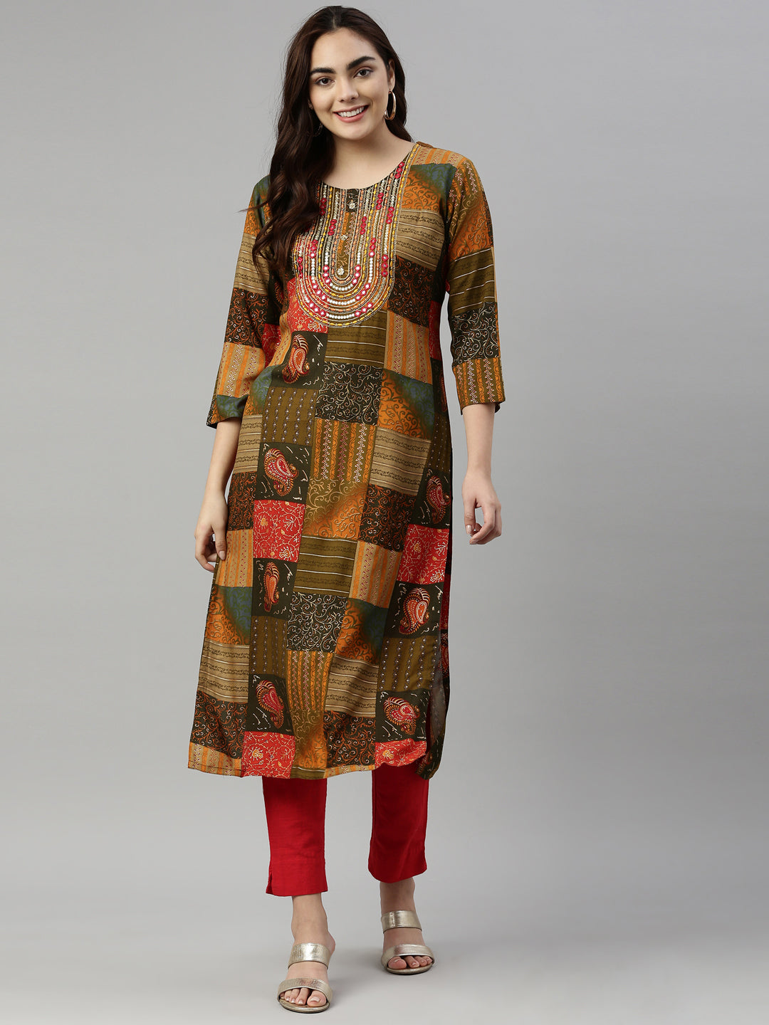 Neerus Multi rayon printed kurti - front view