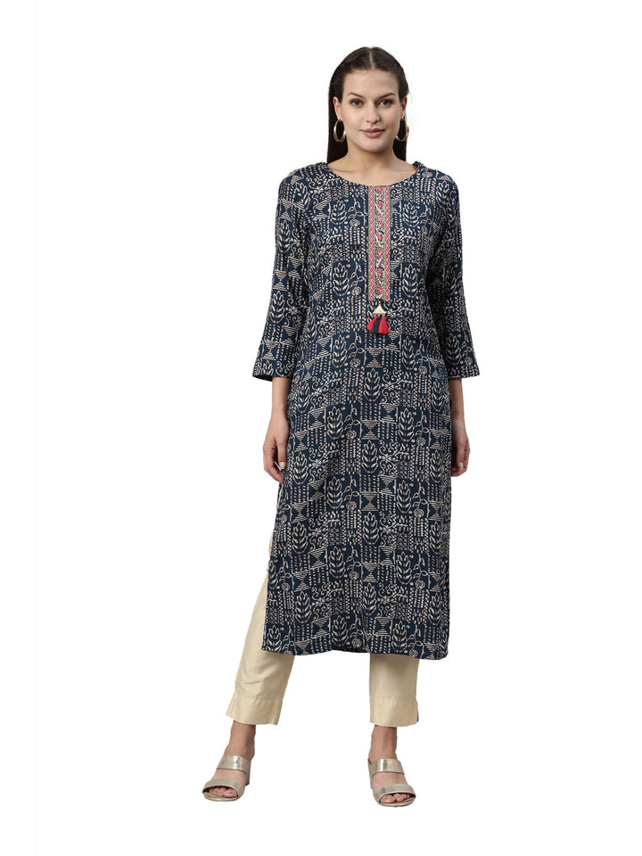 Neerus Blue rayon straight kurti - front view
