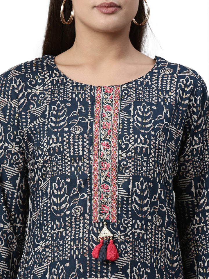 Neerus Blue rayon straight kurti - back view