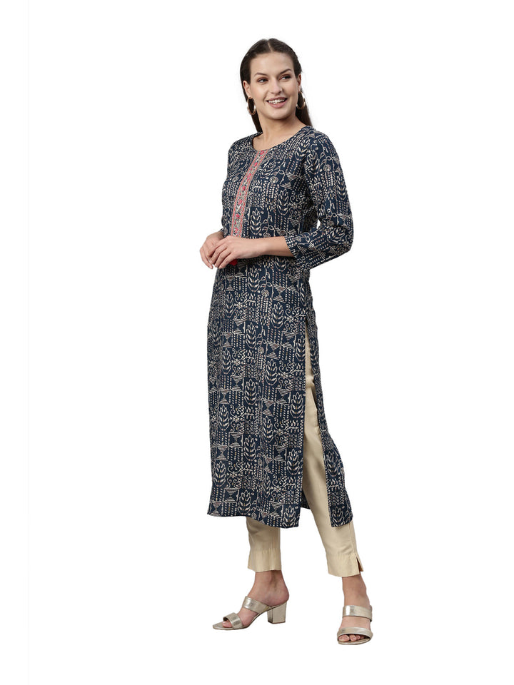 Neerus Blue rayon straight kurti - side view
