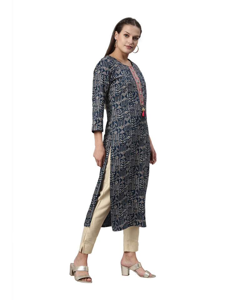 Neerus Blue rayon straight kurti - detail view 1