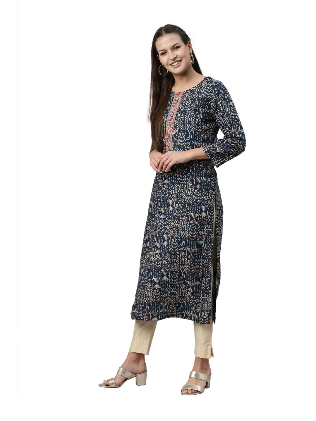 Neerus Blue rayon straight kurti - detail view 3