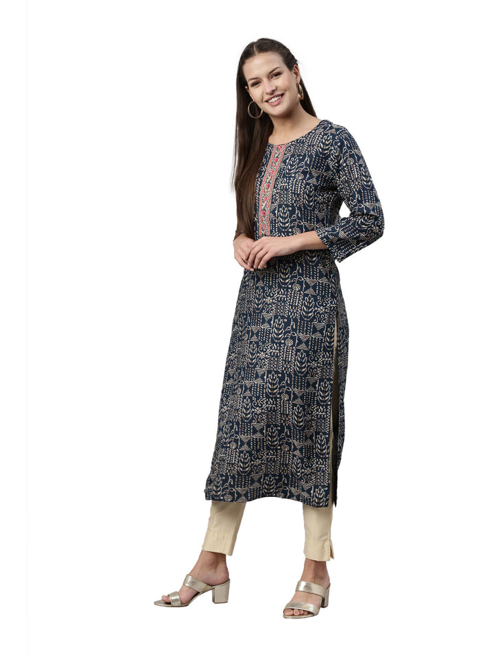 Neerus Blue rayon straight kurti - detail view 3