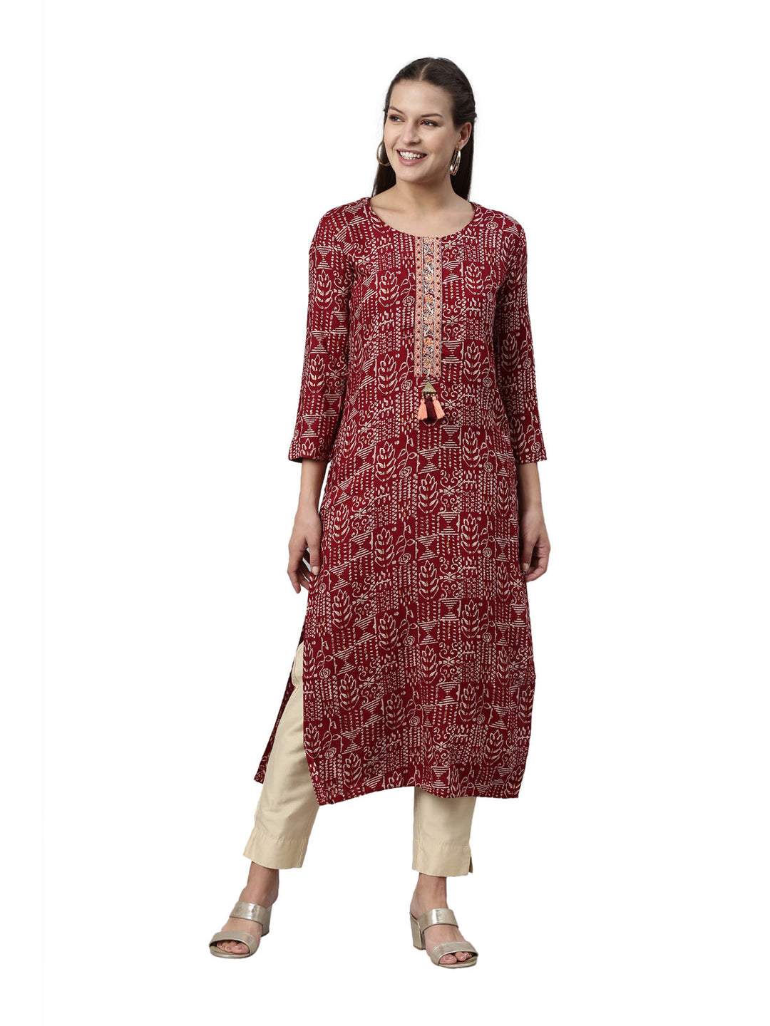 Neerus Maroon viscose rayon straight kurti - front view