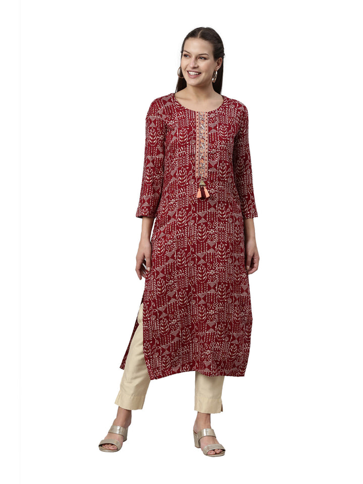 Neerus Maroon viscose rayon straight kurti - front view