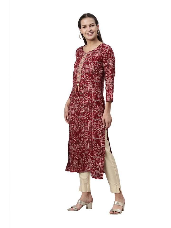 Neerus Maroon viscose rayon straight kurti - side view