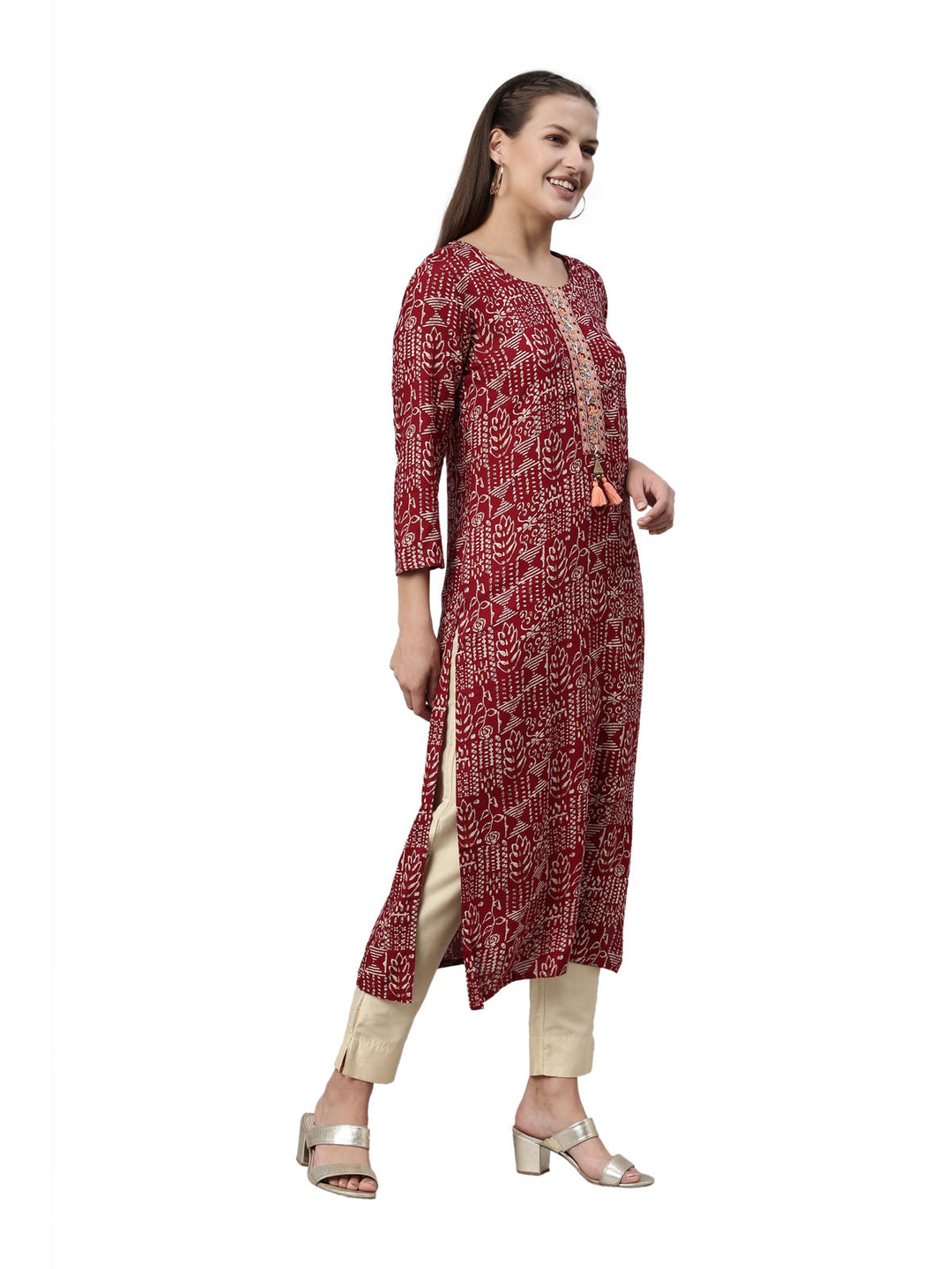 Neerus Maroon viscose rayon straight kurti - detail view 1