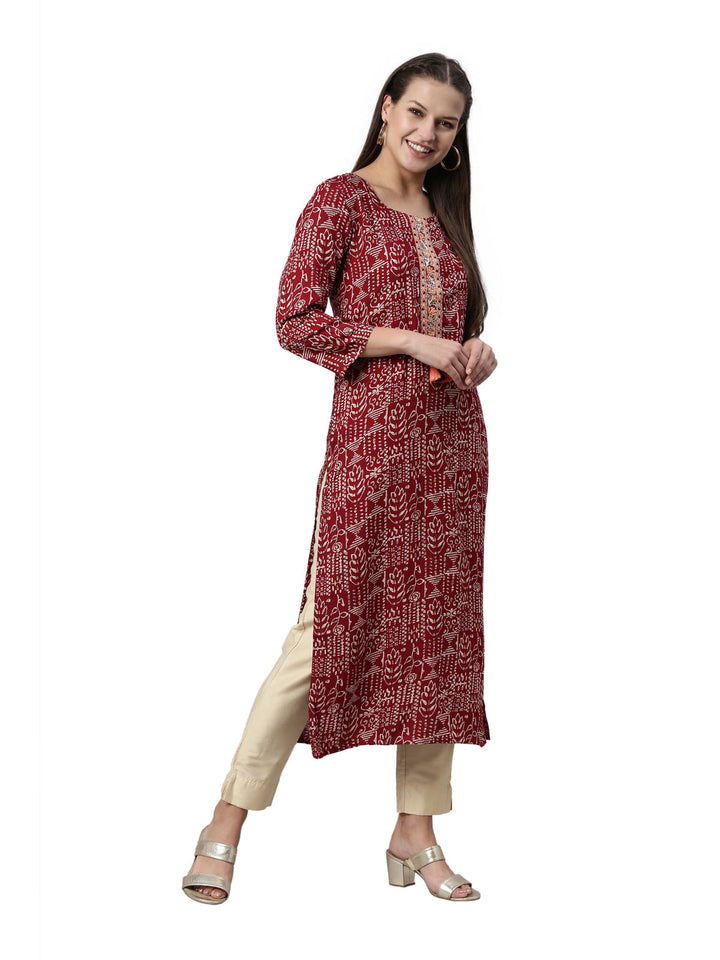 Neerus Maroon viscose rayon straight kurti - detail view 3