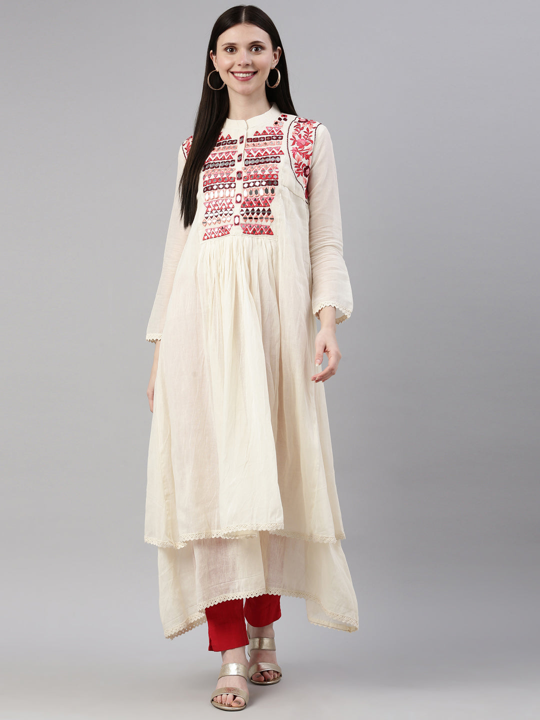 Neerus Beige chanderi embellished anarkali kurta - front view