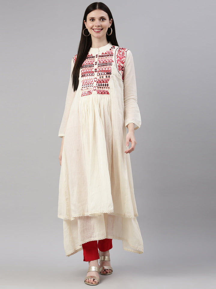 Neerus Beige chanderi embellished anarkali kurta - front view