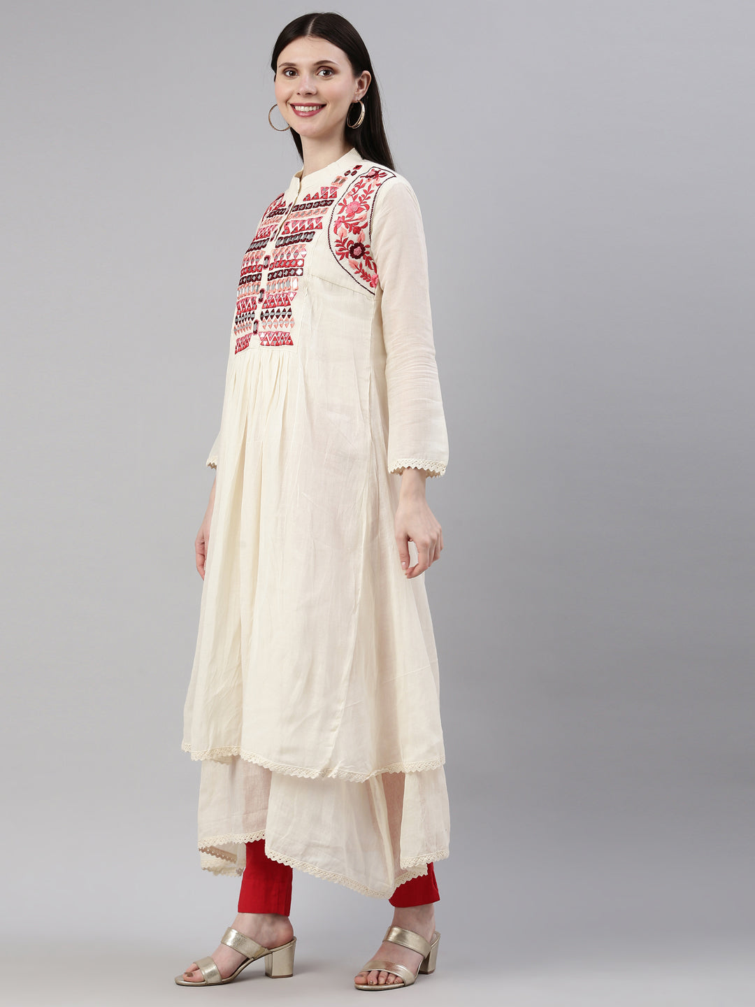 Neerus Beige chanderi embellished anarkali kurta - side view