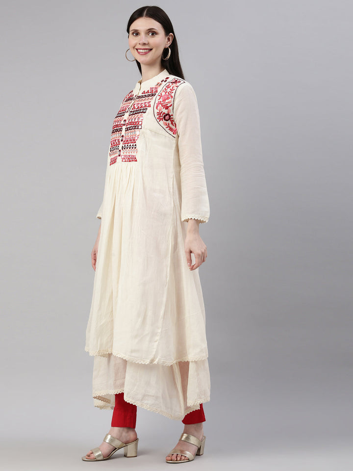 Neerus Beige chanderi embellished anarkali kurta - side view
