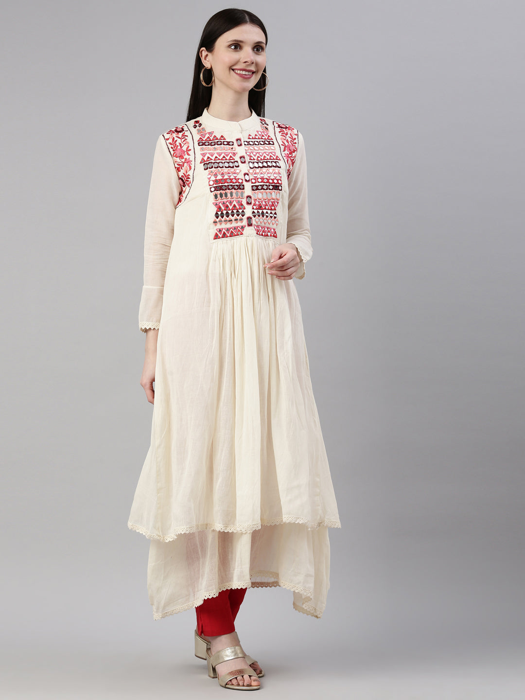 Neerus Beige chanderi embellished anarkali kurta - detail view 1
