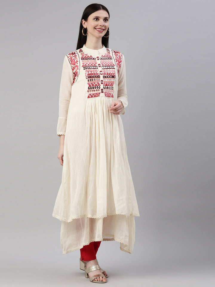 Neerus Beige chanderi embellished anarkali kurta - detail view 1