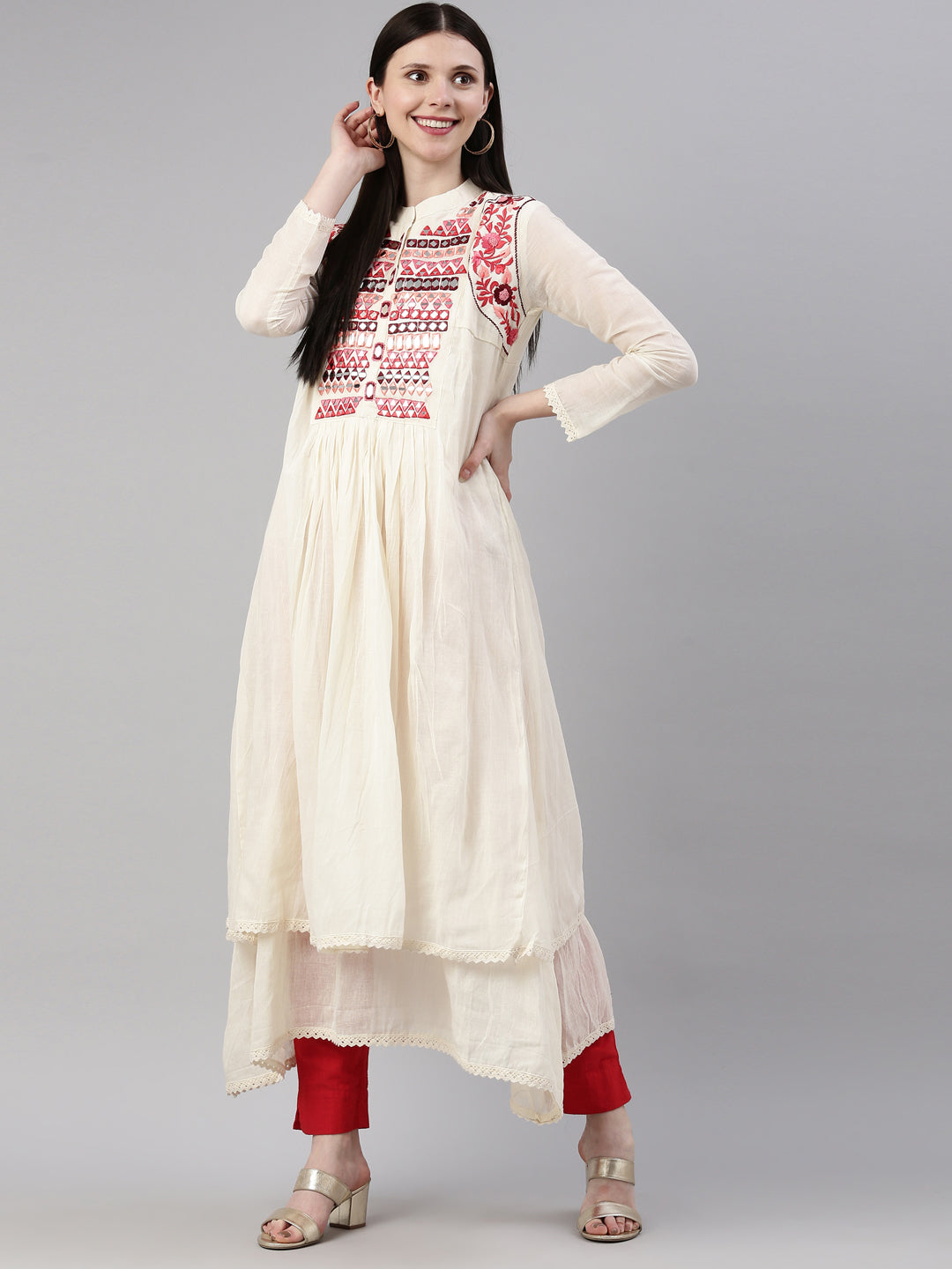 Neerus Beige chanderi embellished anarkali kurta - detail view 3