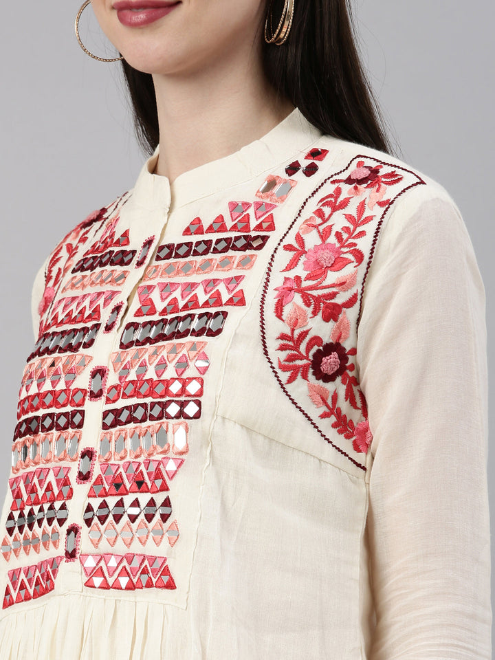 Neerus Beige chanderi embellished anarkali kurta - detail view 5