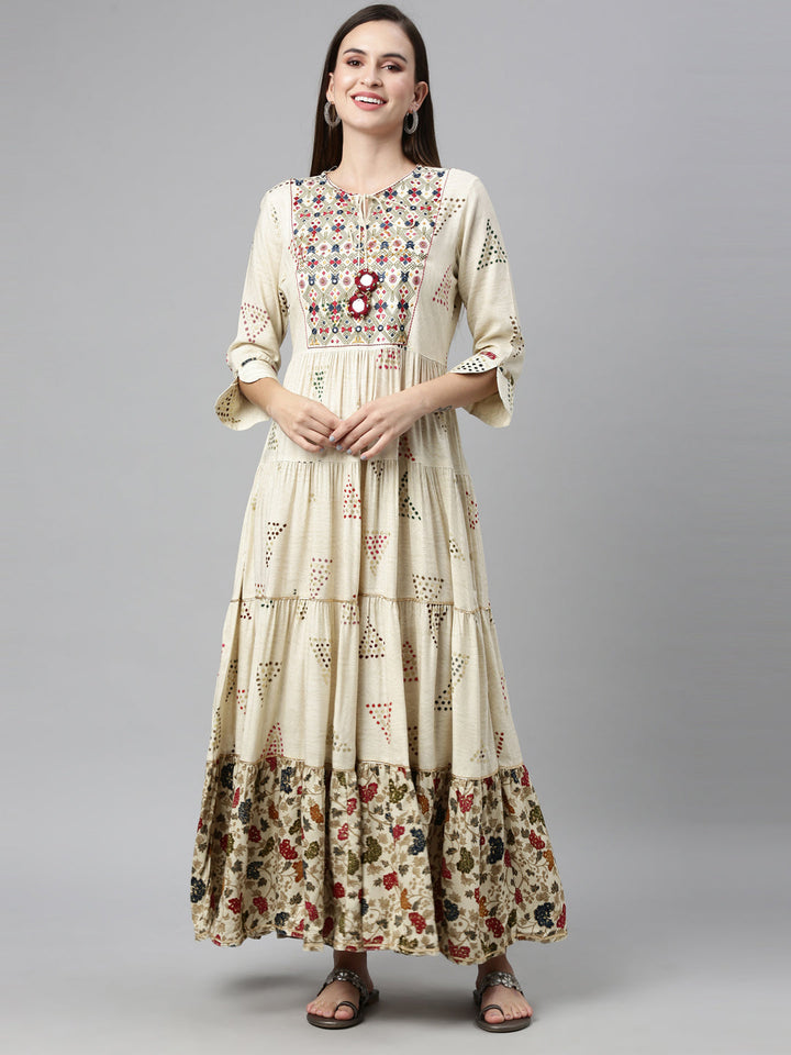 Neerus Beige rayon mirror work tiered kurti - detail view 5