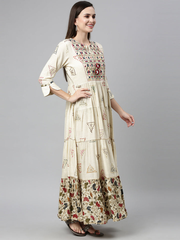 Neerus Beige rayon mirror work tiered kurti - detail view 2