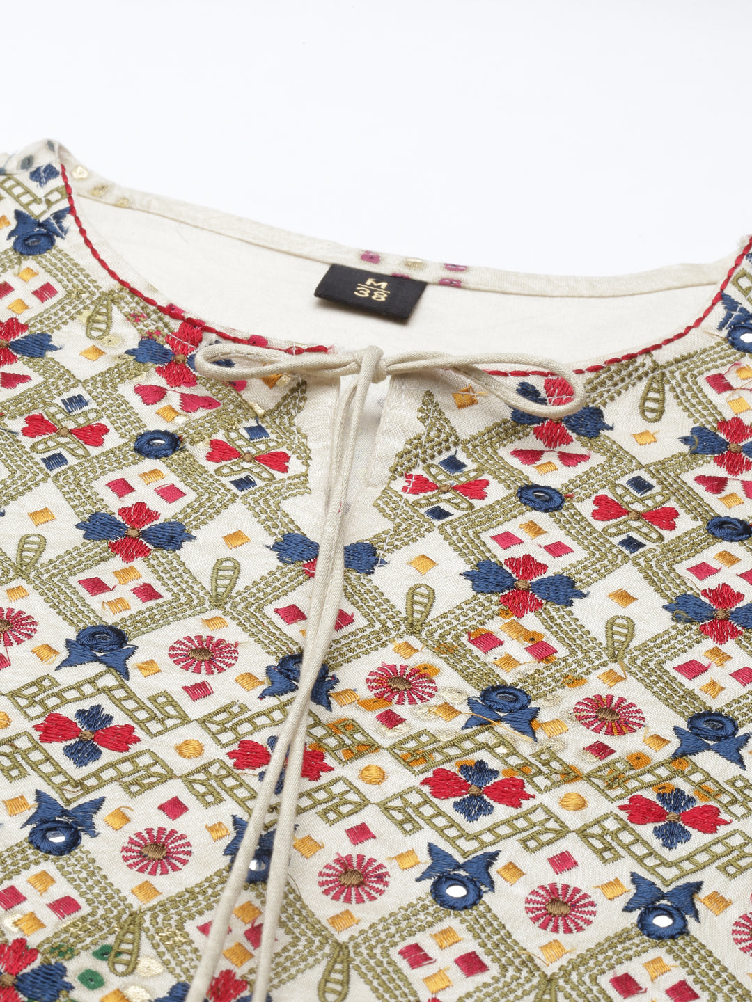 Neerus Beige rayon mirror work tiered kurti - detail view 3