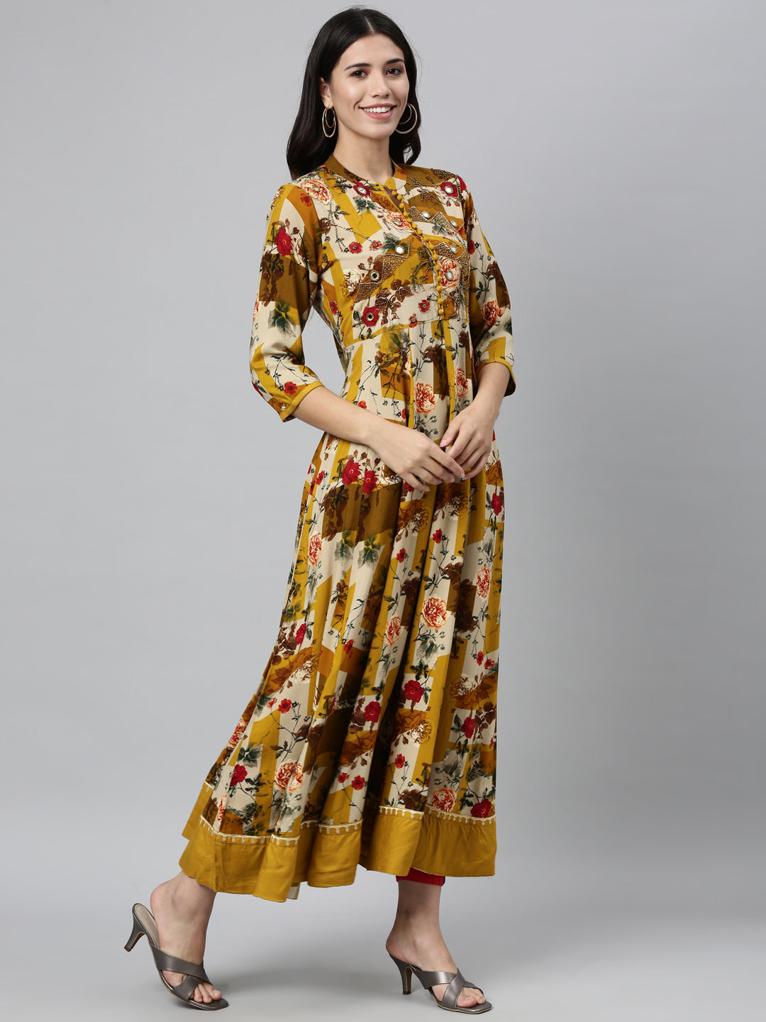 Neerus Yellow Rayon Mirror Work Kurti - front view