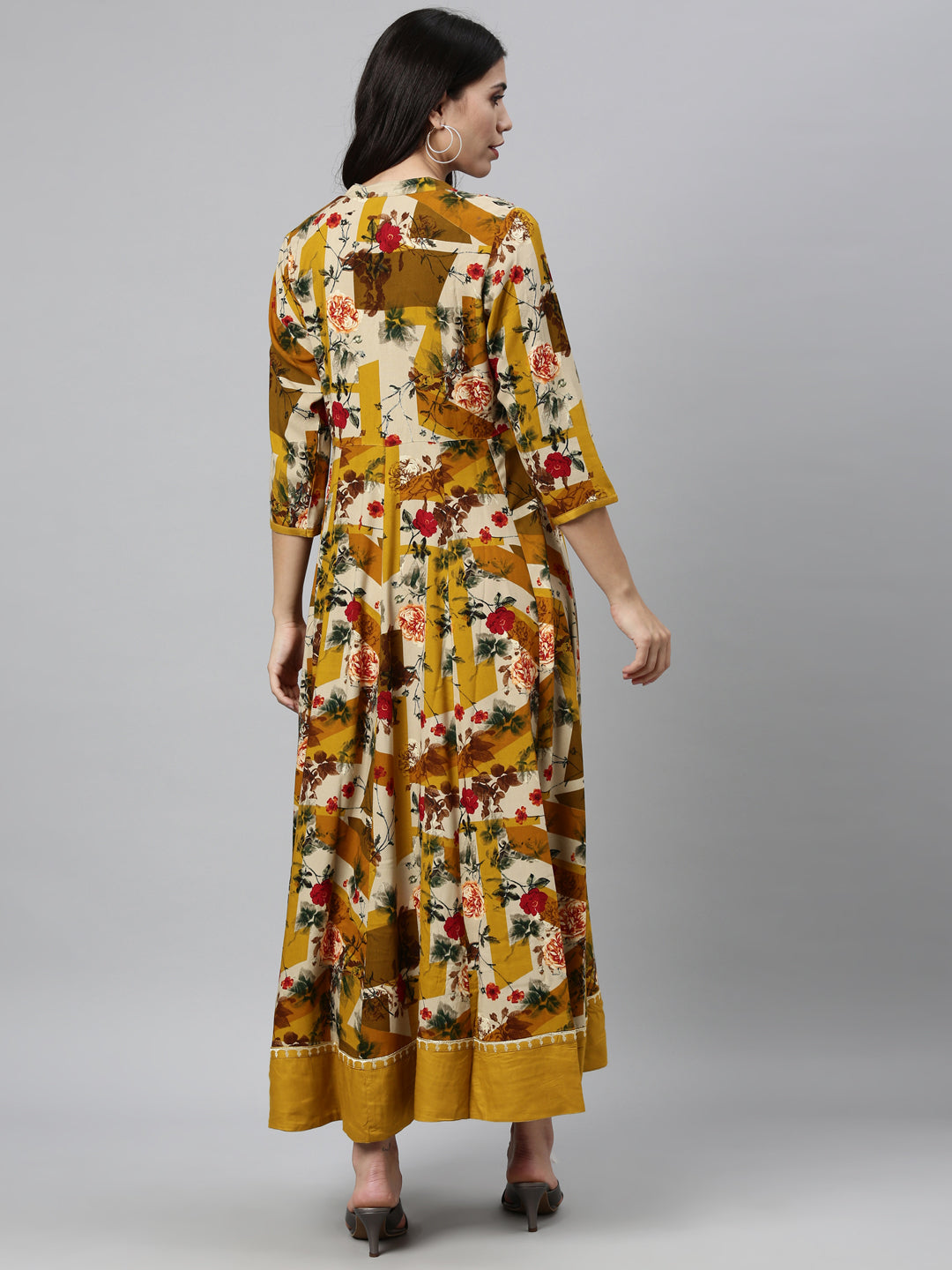 Neerus Yellow Rayon Mirror Work Kurti - back view