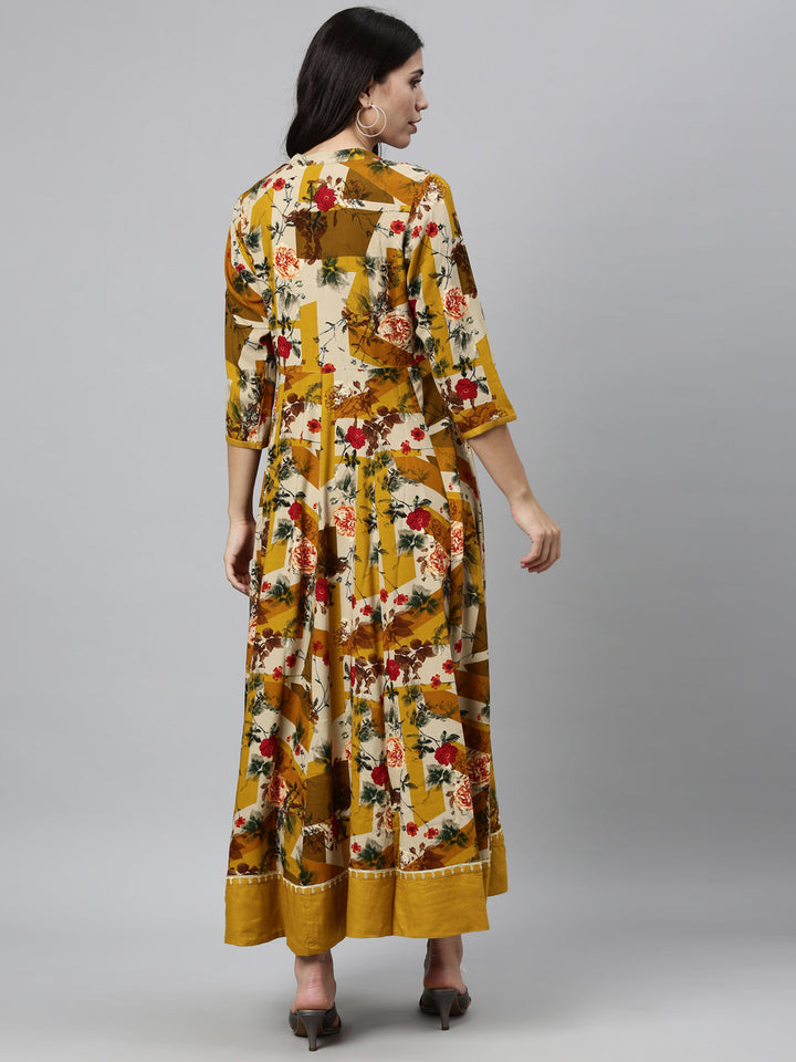 Neerus Yellow Rayon Mirror Work Kurti - back view