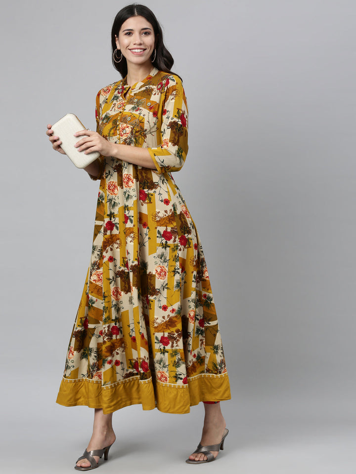 Neerus Yellow Rayon Mirror Work Kurti - detail view 1