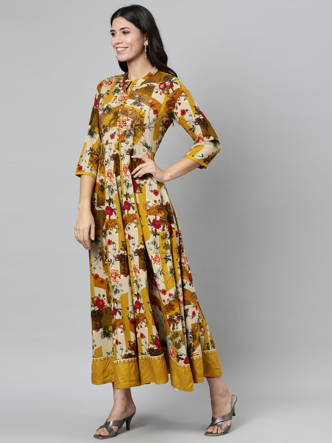 Neerus Yellow Rayon Mirror Work Kurti - detail view 2