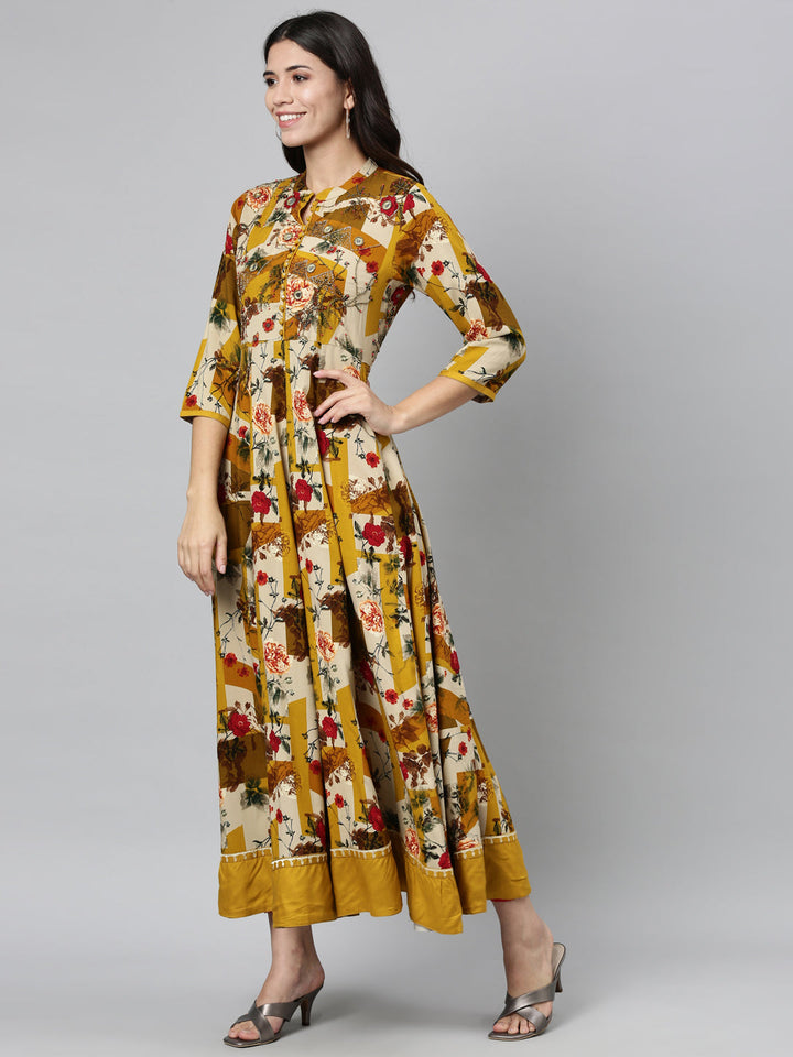 Neerus Yellow Rayon Mirror Work Kurti - detail view 2