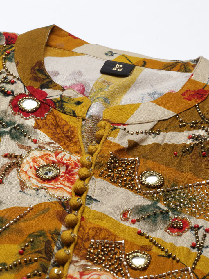 Neerus Yellow Rayon Mirror Work Kurti - detail view 3