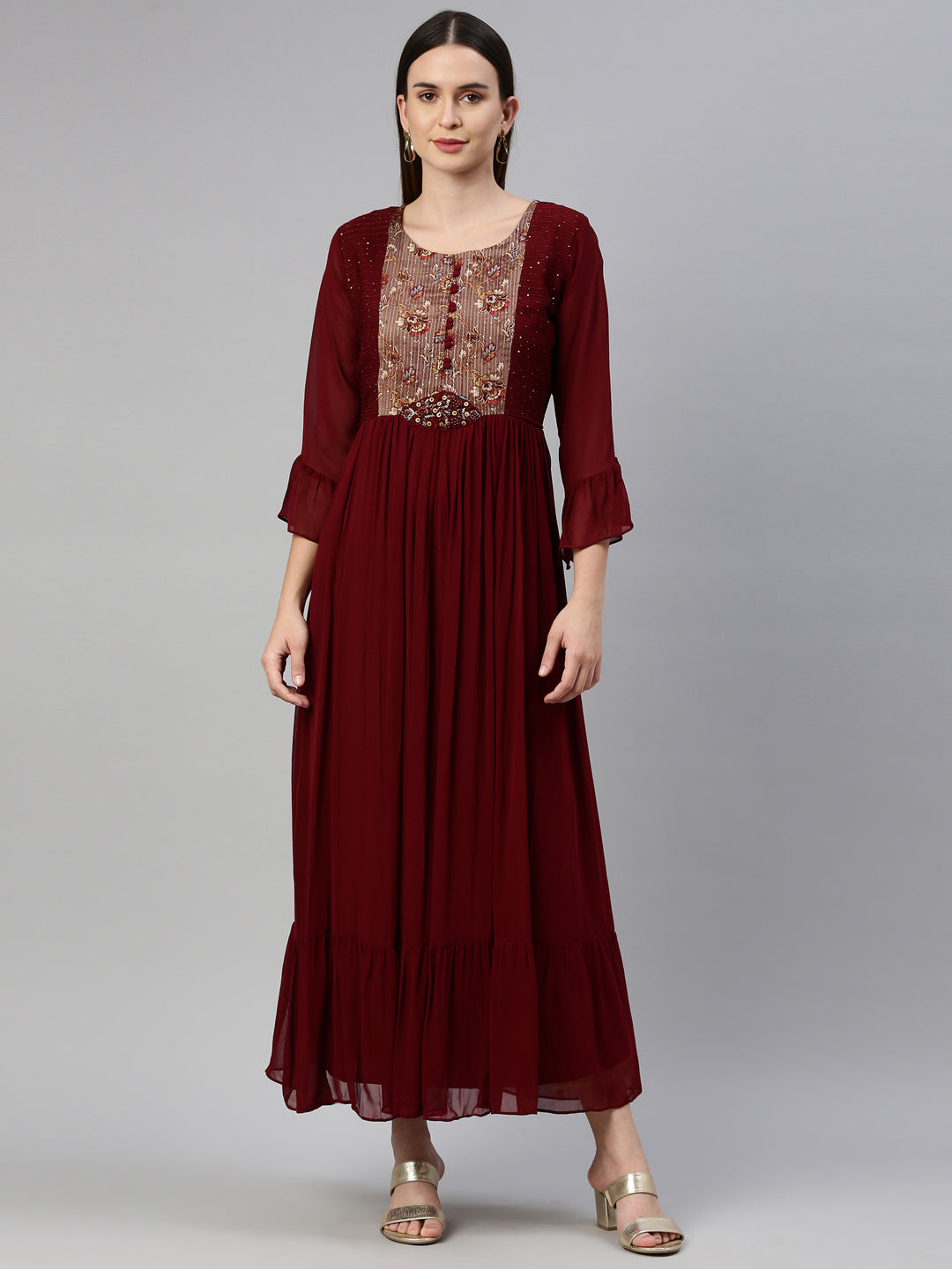 Neerus Maroon georgette maxi gown - front view