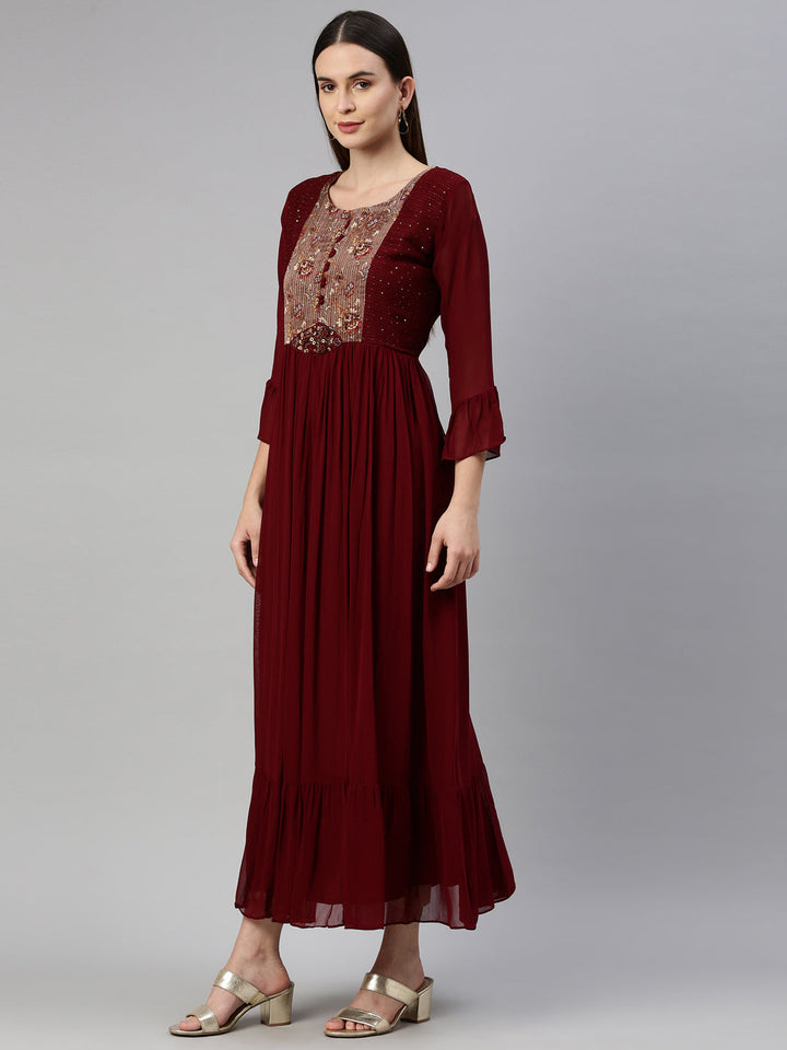 Neerus Maroon georgette maxi gown - side view