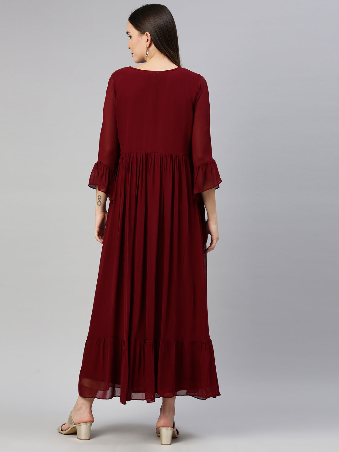 Neerus Maroon georgette maxi gown - detail view 2