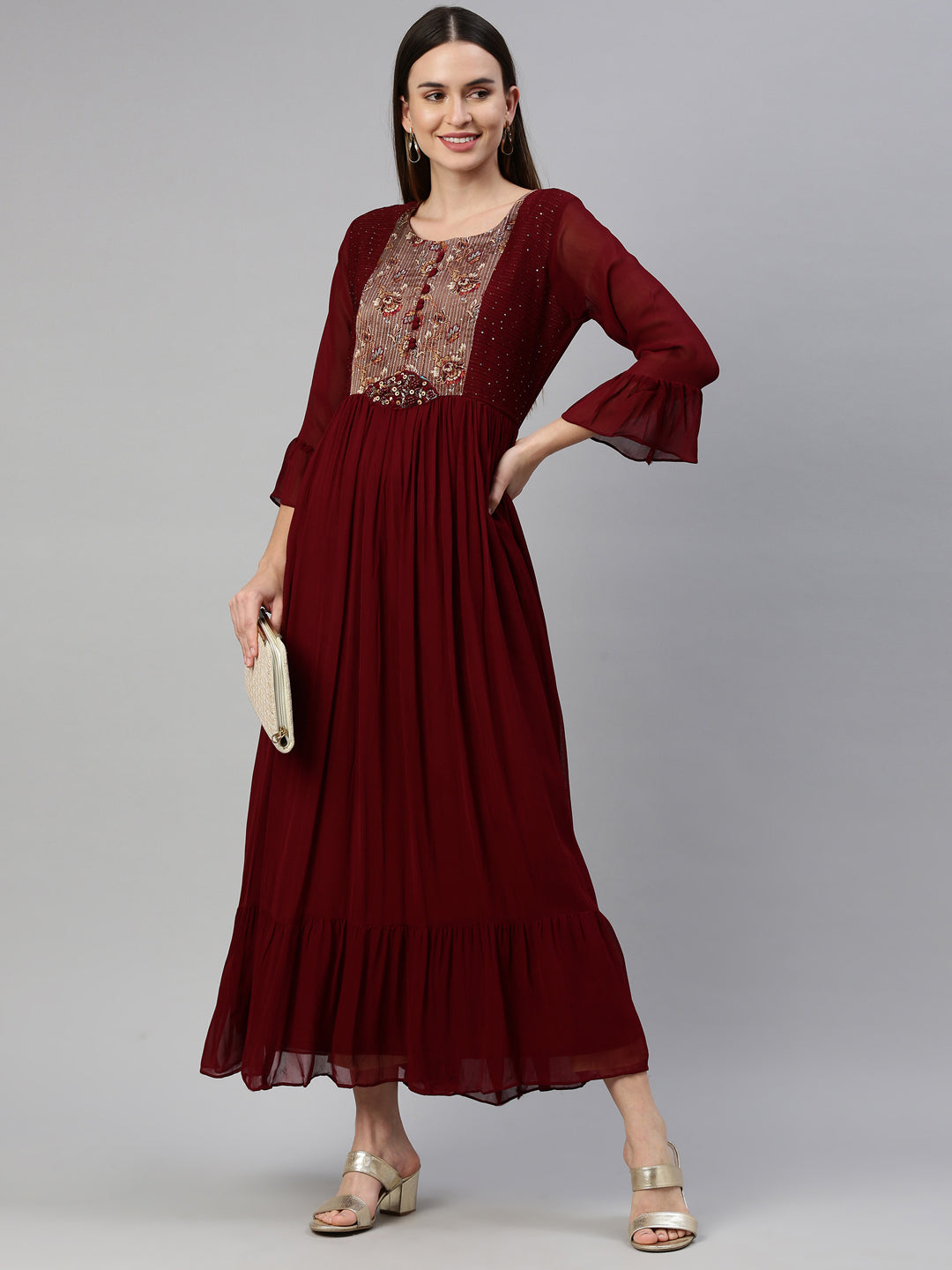 Neerus Maroon georgette maxi gown - detail view 3