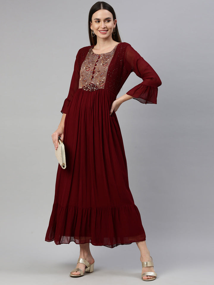 Neerus Maroon georgette maxi gown - detail view 3
