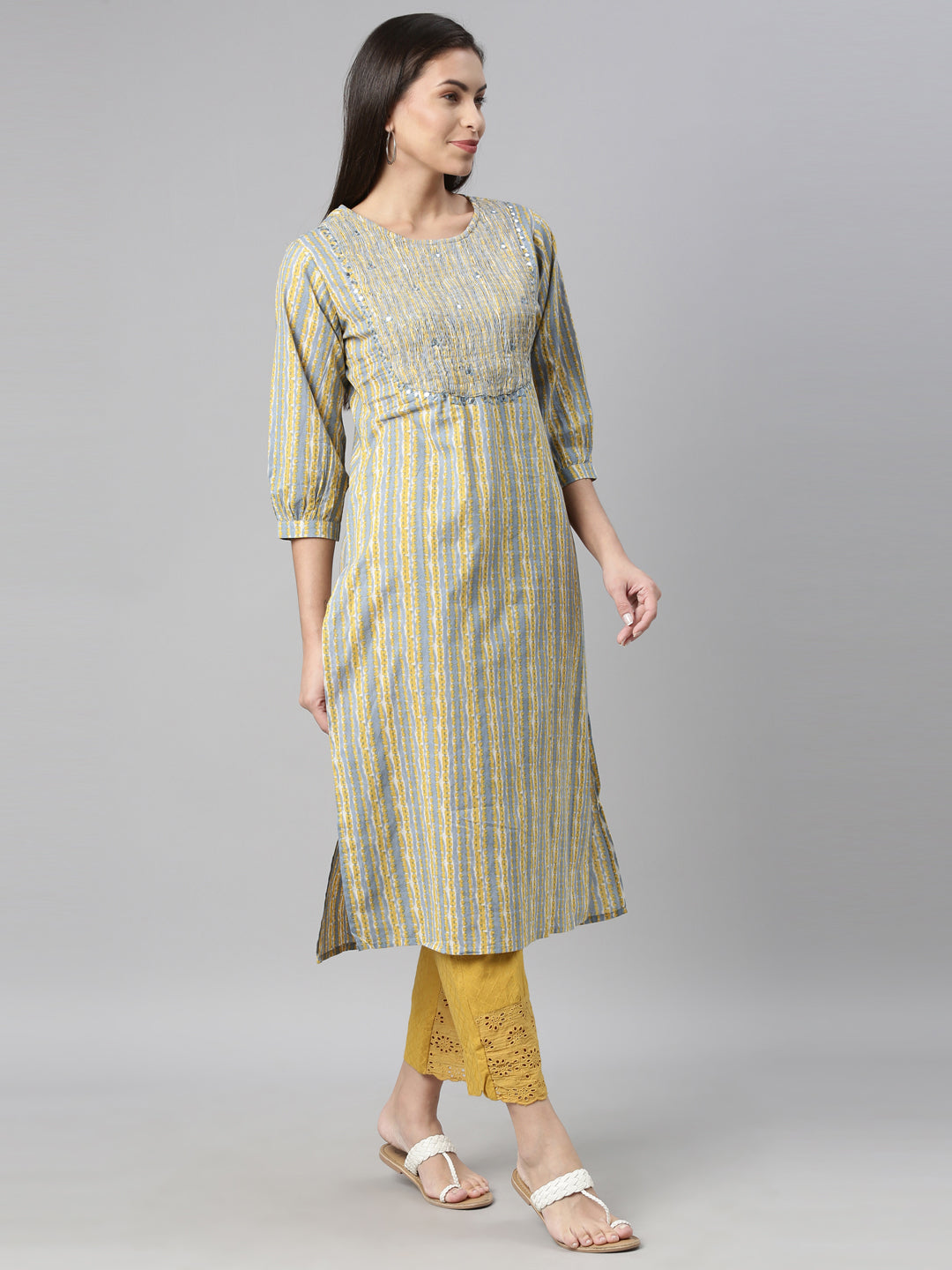 Neerus Blue cotton solid kurti - detail view 1