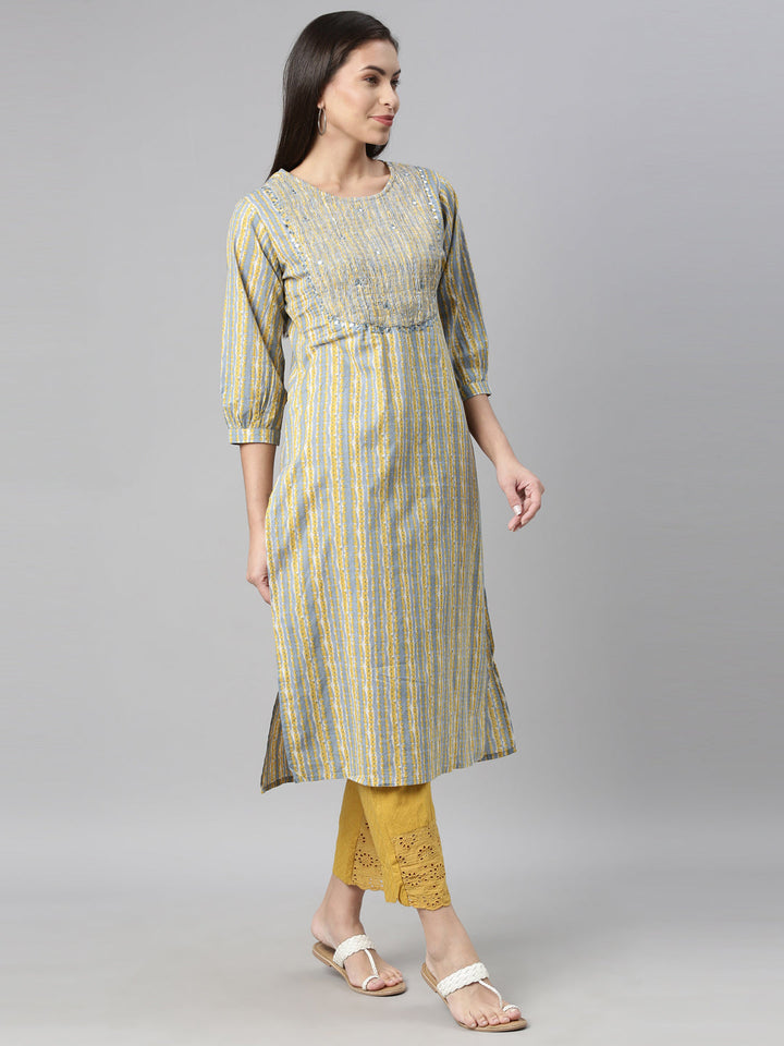 Neerus Blue cotton solid kurti - detail view 1