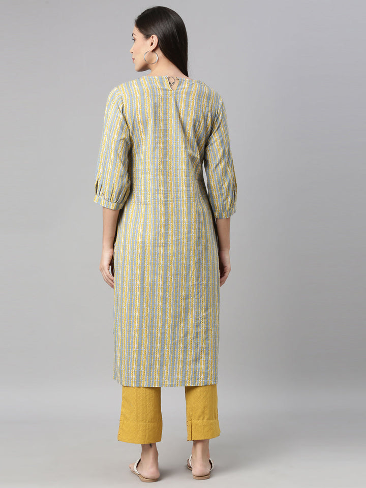 Neerus Blue cotton solid kurti - detail view 2