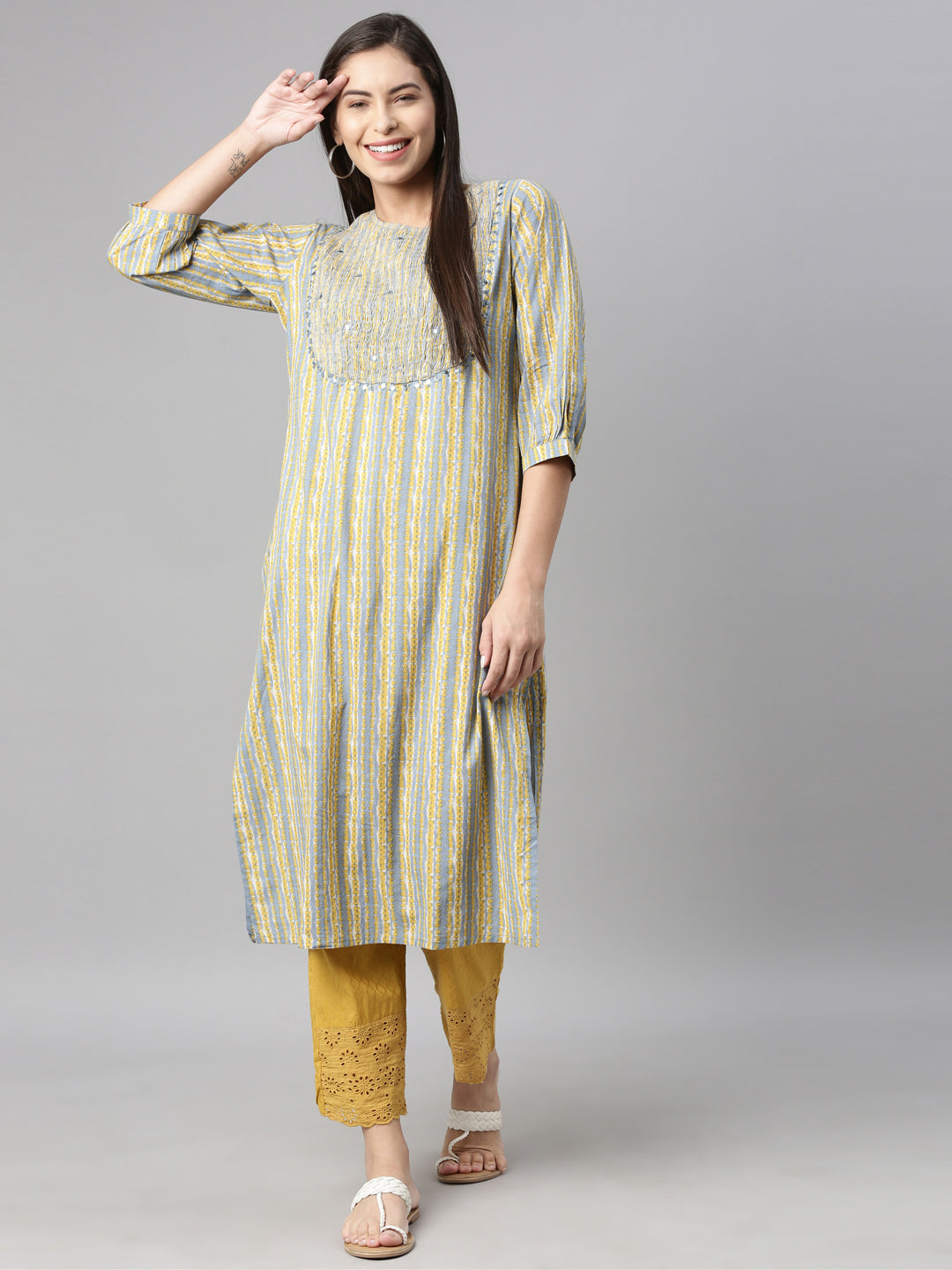 Neerus Blue cotton solid kurti - detail view 3