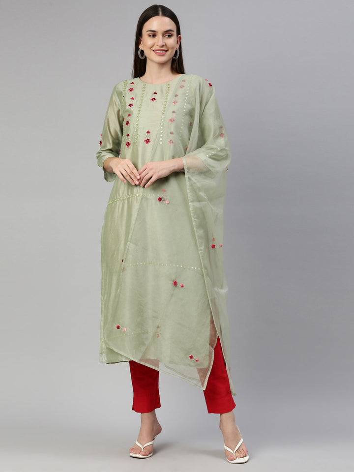 Neerus Green Tussar Silk straight kurti - detail view 6