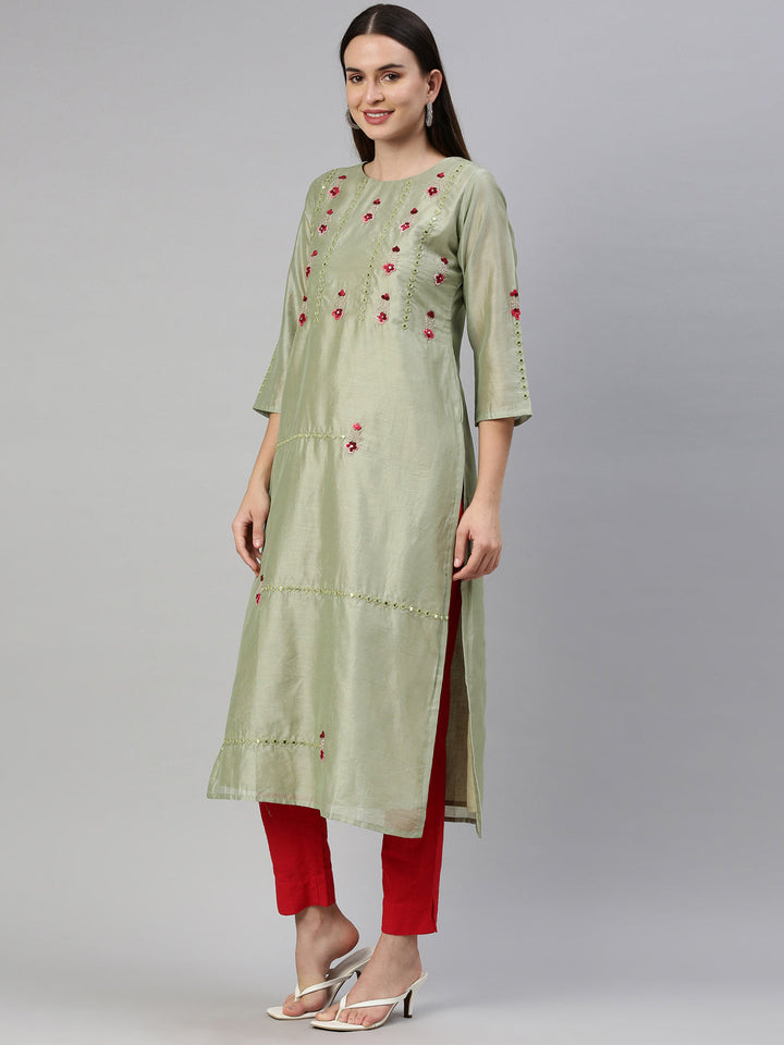 Neerus Green Tussar Silk straight kurti - side view