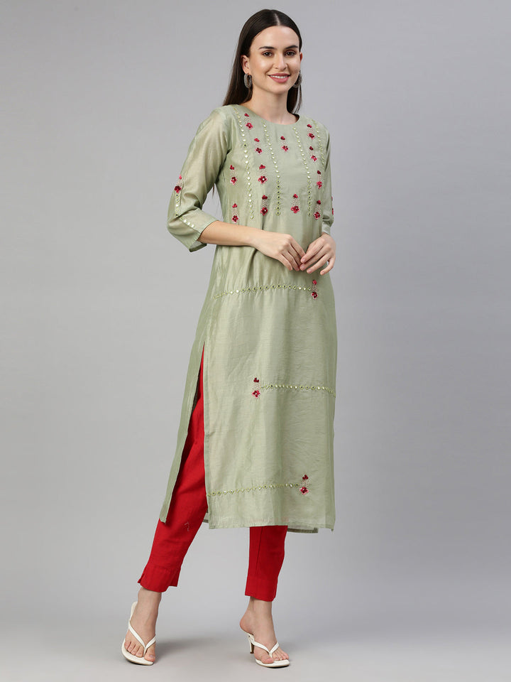 Neerus Green Tussar Silk straight kurti - detail view 1