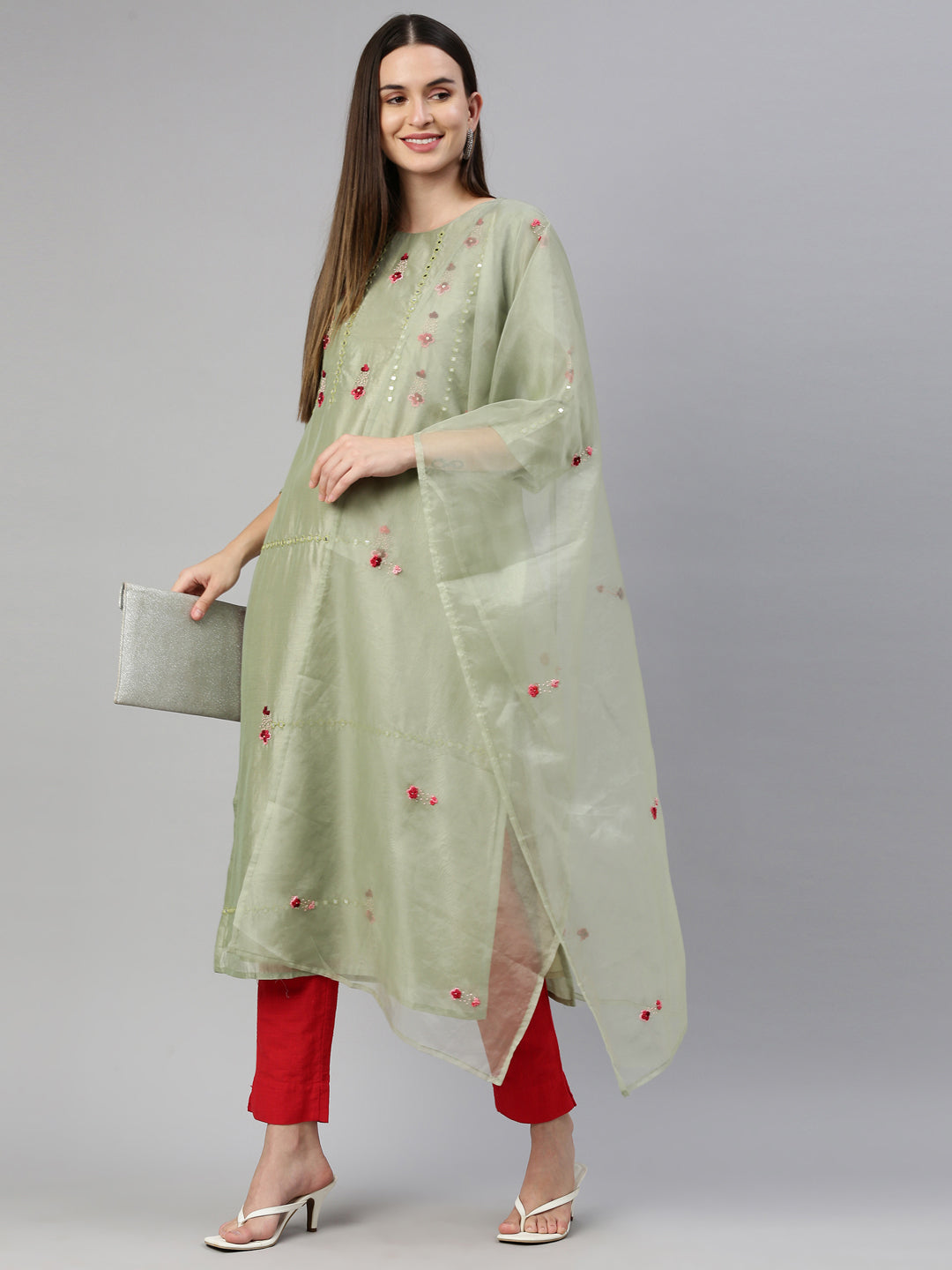 Neerus Green Tussar Silk straight kurti - detail view 3