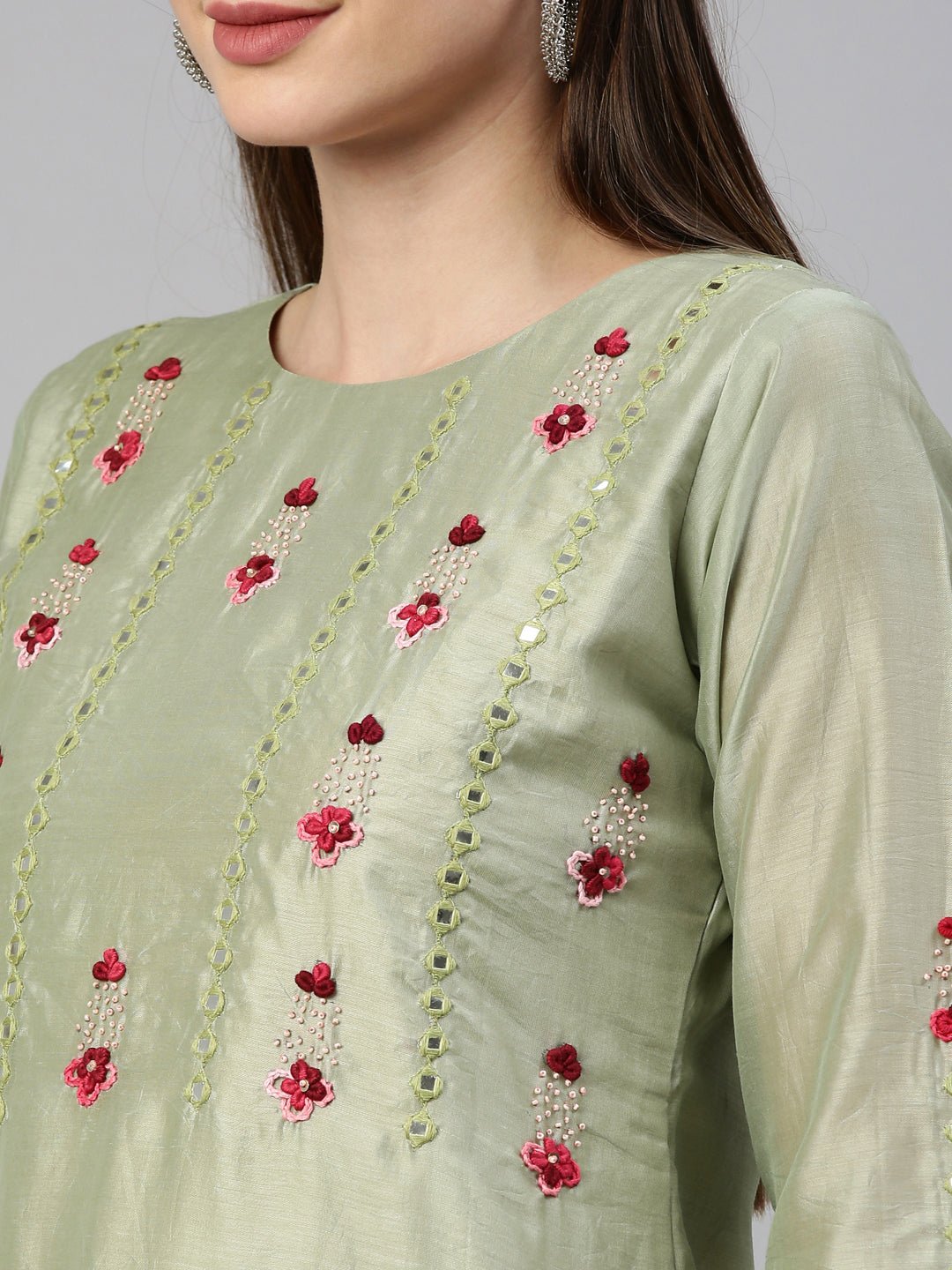 Neerus Green Tussar Silk straight kurti - detail view 5