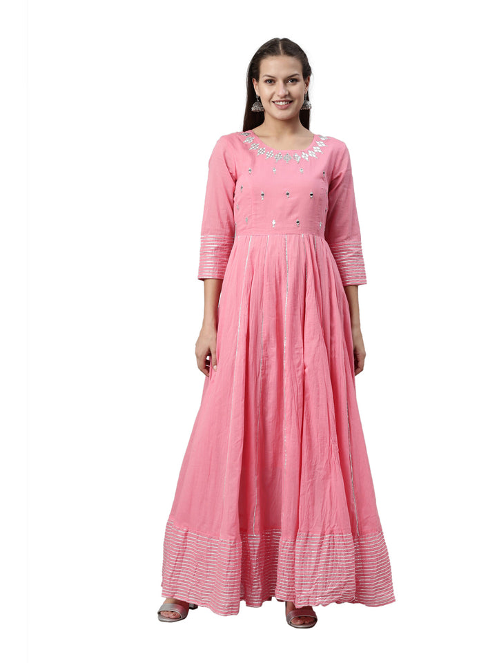 Neerus Pink cotton solid kurta - front view