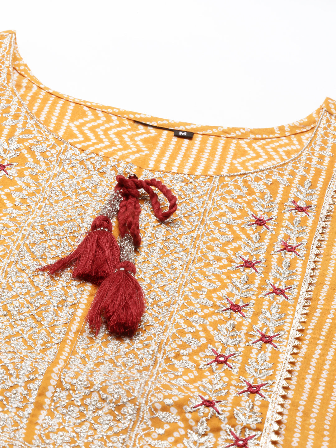 Neerus Yellow cotton mirror work kurta straight silhouette - back view