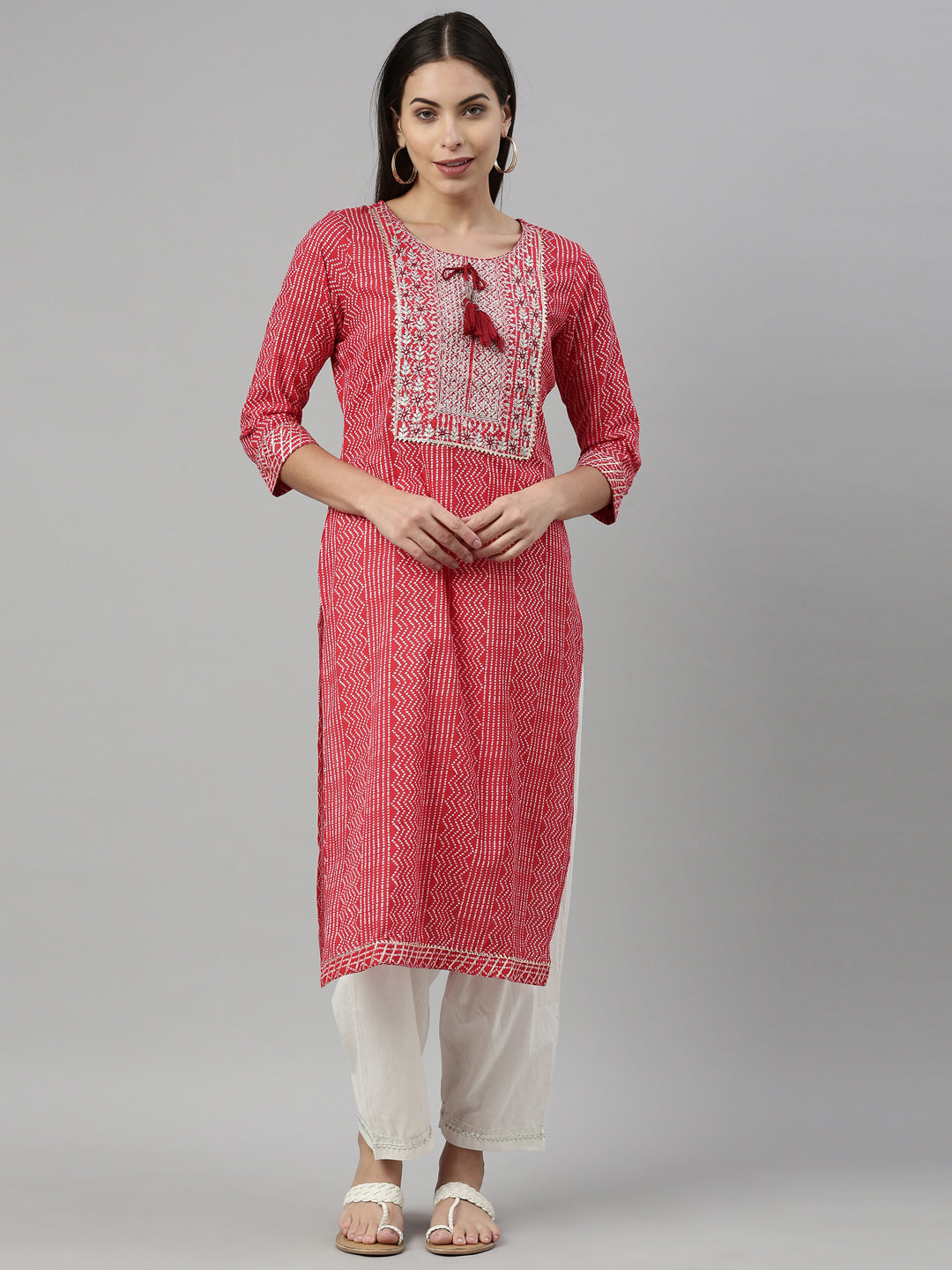 Neerus Red cotton solid kurta - front view