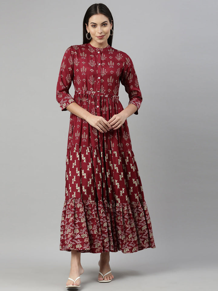 Neerus Maroon shantoon printed maxi kurti - front view