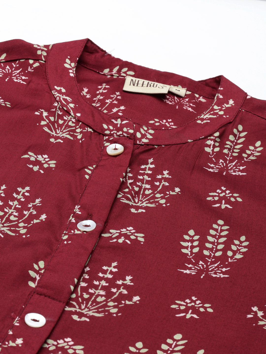 Neerus Maroon shantoon printed maxi kurti - back view