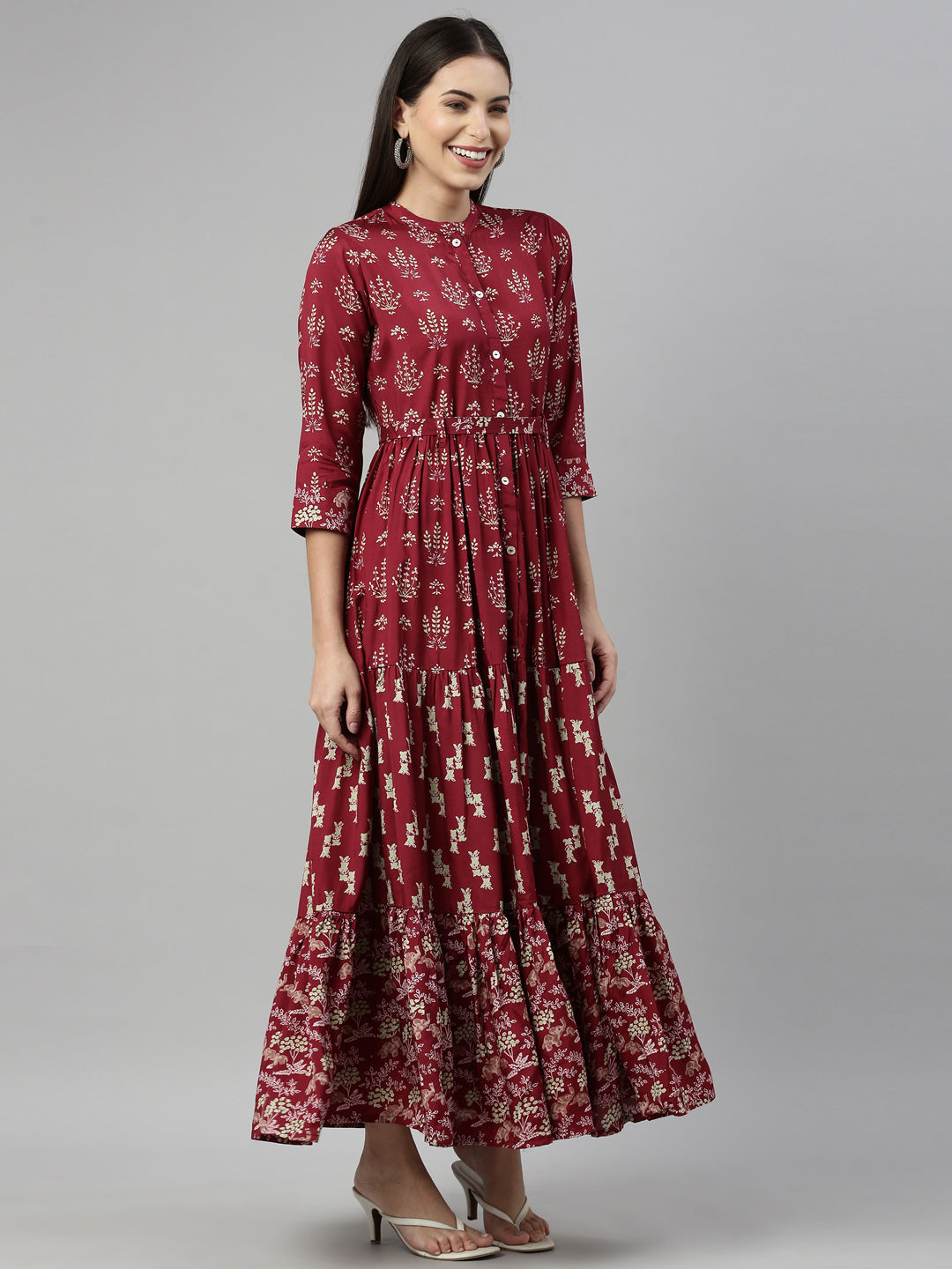 Neerus Maroon shantoon printed maxi kurti - detail view 1